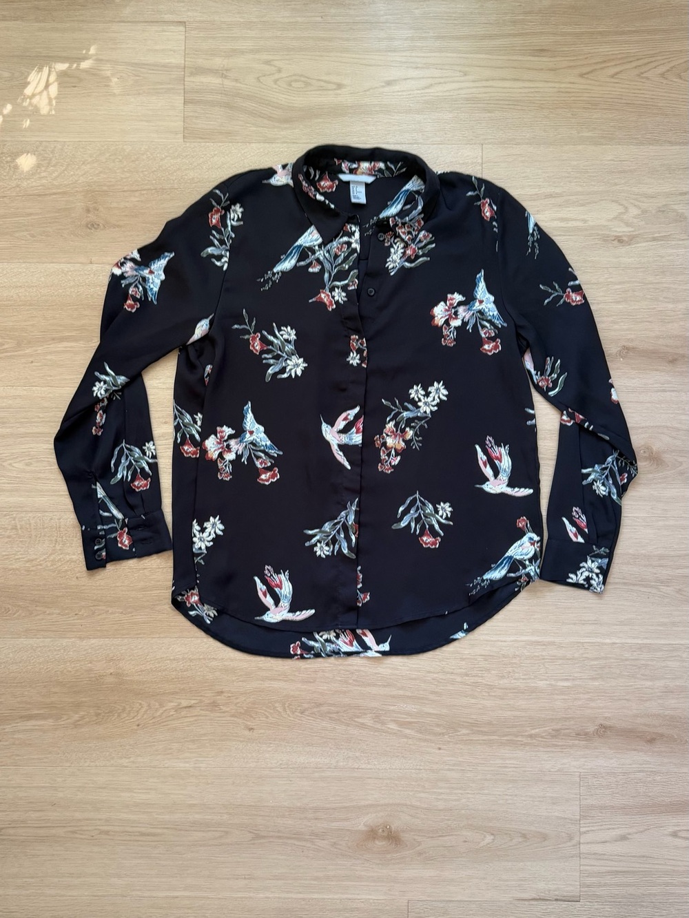 Black Floral & Bird Print Women’s button -Up Shirt